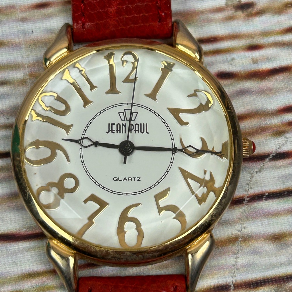 Jean Paul Quartz Watch Gold Tone White Dial Red Leather Strap Women's